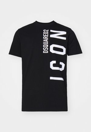 Schwarzes Baumwoll-T-Shirt mit kräftigem weißen Textdesign: "DSQUARED2" vertikal und "ICON" horizontal an der Seite. Klassischer runder Ausschnitt.