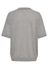 Lys grå oversized t-shirt i blødt stof, med rund hals og korte ærmer. Bagsiden viser en glat, ensfarvet overflade uden pynt.