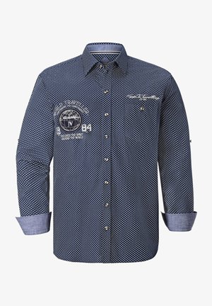 Marineblaue Button-Up-Shirt mit weißem geometrischem Muster, kontrastierenden hellblauen Manschetten und gestickten Logos auf der Brust und dem Ärmel.