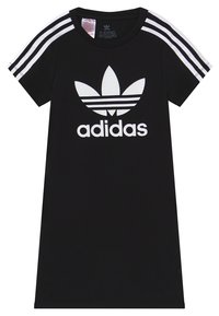 Schwarzes T-Shirt-Kleid mit kurzen Ärmeln, mit weißem Adidas-Logo und drei weißen Streifen an den Ärmeln, aus einem Baumwollmischgewebe gefertigt.