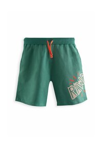 Grønne bomulds shorts med elastisk talje og orange snor. Har et grafisk "RAW" design i lysegrå med røde detaljer.