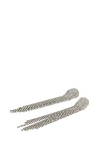 Langwerpige zilveren oorbellen met rhinestones, voorzien van ronde toppen en meerdere strengen die naar beneden hangen.