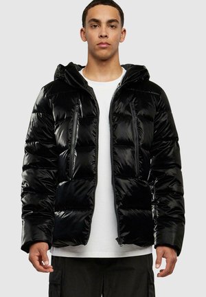 Black puffer jacket with a glossy finish, fitted hood, and two front zippers. Features padded sections for insulation.