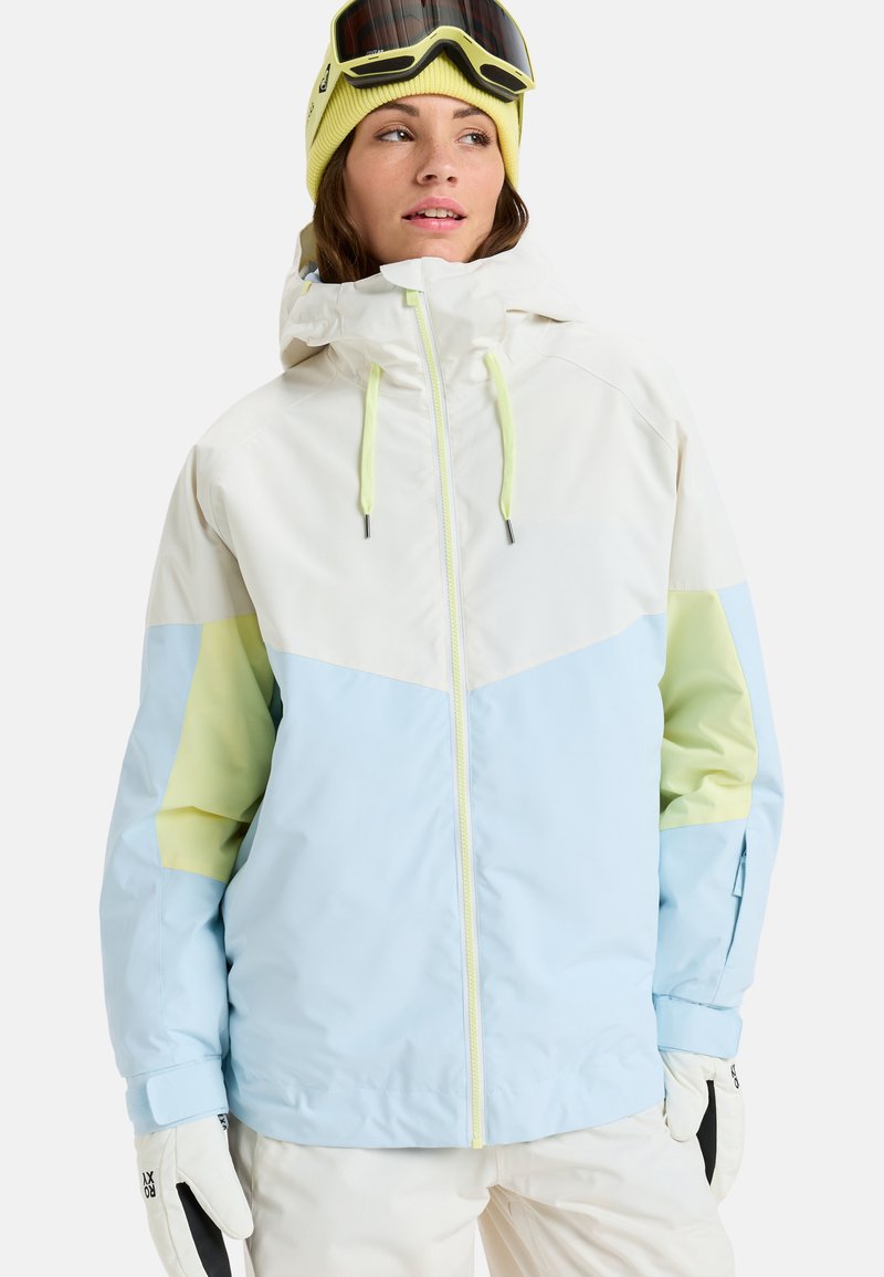 Ski jacket in white, light blue, and lime green. Features a hood, front zip, and adjustable drawstrings. Smooth texture with tailored fit.