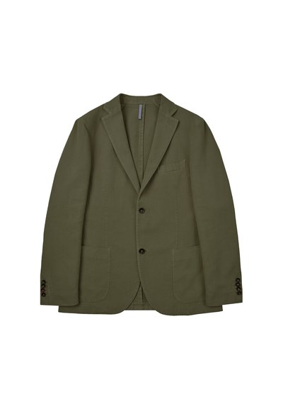 Blazer vert olive en tissu texturé, avec un col cranté, deux poches avant et des poignets à boutons. Design simple, intérieur non doublé.
