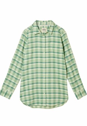 Žalia languota marškinėliai pagaminti iš minkštos medžiagos. Ilgomis rankovėmis, sagomis susegama priekyje ir suapvalintu apmušalu. Pakaitomis šviesios ir tamsios žalios spalvos languotas raštas.