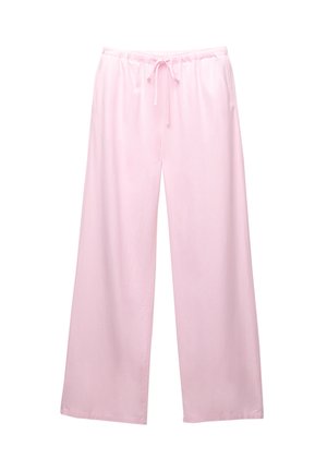 Light pink wide-leg pants made of soft fabric, featuring an elastic waistband with a drawstring for adjustable fit.