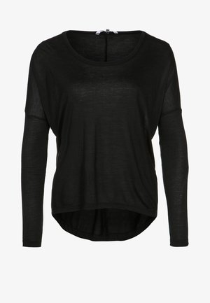 Černý dlouhý rukáv top vyrobený z lehkého materiálu, s kulatým výstřihem, volným střihem a zakřiveným lemem s mírně průhlednou strukturou.