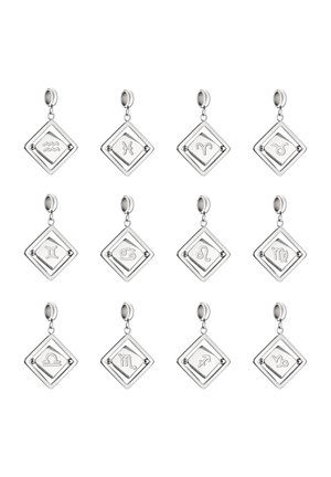 Tolv sølv zodiaksymbol charms arrangeret i tre rækker, hver med et indrammet astrologisk tegn på en hvid baggrund.