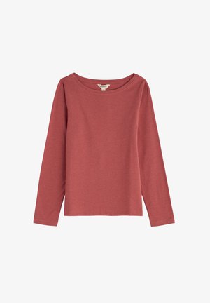 Rudų spalvos ilgas rankovės marškinėliai, pagaminti iš minkštos medvilnės, su apvaliu iškirpimu ir laisvu siluetu. Savyje turi minimalistinį dizainą ir nėra dekoracijų.