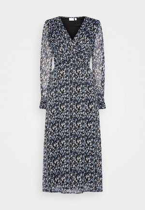 Zwarte doorschijnende midi-jurk met lange mouwen, blauwe en witte abstracte bloemenprint en V-hals.