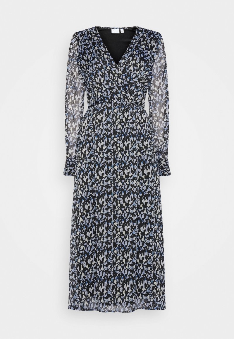 Robe midi noire transparente à manches longues avec imprimé floral abstrait bleu et blanc et décolleté en V.