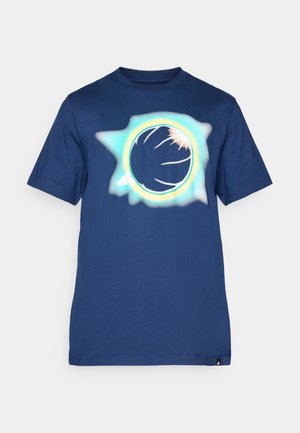 Navy blue cotton t-shirt featuring a circular graphic design in light blue and orange hues, with a textured, spray-painted effect.