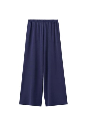 Navy blue wide-leg pants with elastic waistband and front pockets, made of lightweight fabric, suitable for casual wear.