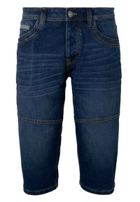 Short en denim bleu foncé longueur genou avec poches avant, passants de ceinture et détails de coutures visibles sur les jambes et la taille.