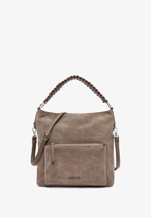 Taupe leather handbag with braided top handle, adjustable shoulder strap, and front zip pocket. Soft texture and minimalist design.