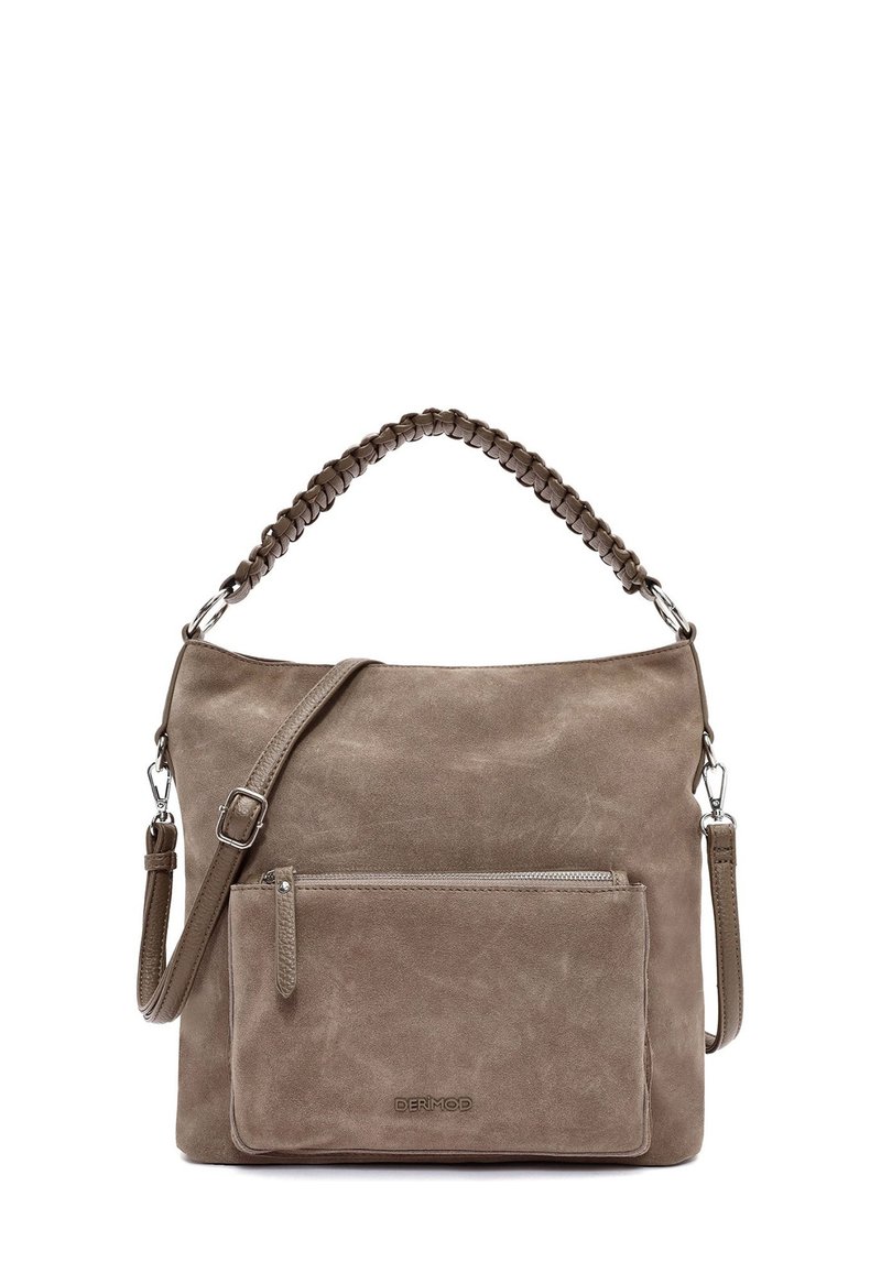 Torebka skórzana w kolorze taupe z plecionym uchwytem, regulowanym paskiem na ramię i kieszenią na zamek z przodu. Miękka tekstura i minimalistyczny design.