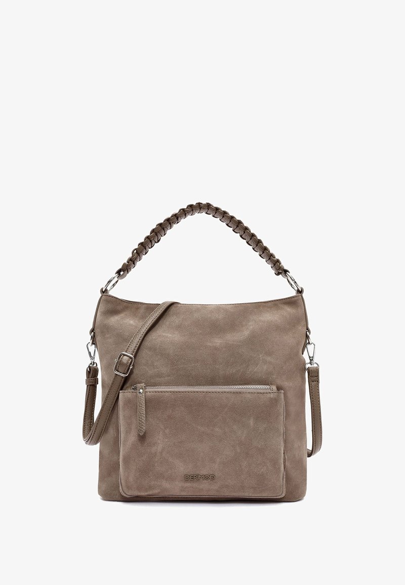 Torebka skórzana w kolorze taupe z plecionym uchwytem, regulowanym paskiem na ramię i kieszenią na zamek z przodu. Miękka tekstura i minimalistyczny design.
