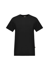 Schwarzes kurzärmliges T-Shirt aus Baumwolle. Hat einen runden Halsausschnitt und ein Etikett unten links. Glatte Textur ohne sichtbare Muster.