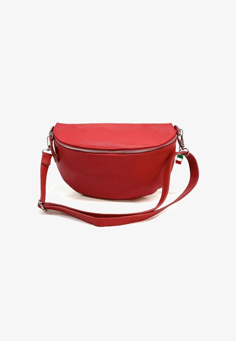 Rode leren handtas met een ronde vorm, bovenste ritssluiting en verstelbare schouderband. Bevat een klein accent van de Italiaanse vlag. Geïllustreerde textuur.