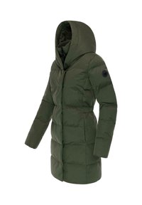 Zaļš pūkains mētelis ar kapuci, ar kvadrātveida paneļiem, elastīgu jostas detaļu un logo uzlīmi kreisajā piedurknē.