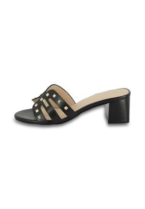 Black leather block-heeled sandal with three wide straps featuring gold stud accents and a smooth beige insole.