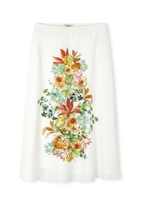 Weißer Rock aus Stoff mit einem bunten Blumenmuster, das orangefarbene, gelbe und blaue Blumen umfasst, mittig in einem vertikalen Design angeordnet.