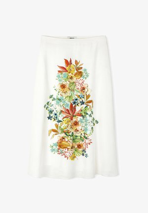 Witte stoffen rok met een kleurrijk bloemenpatroon, inclusief oranje, gele en blauwe bloemen, gecentreerd in een verticale opmaak.