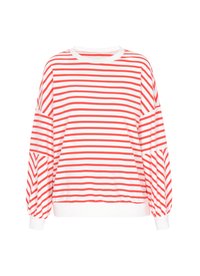 Witte sweatshirt met lange mouwen en rode horizontale strepen. Heeft een ronde halslijn en ribgebreide manchetten met een ontspannen, oversized pasvorm.