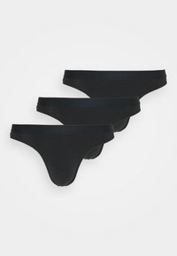 Black cotton thong underwear, soft fabric, elastic waistband, three pairs displayed with concise, smooth lines and no visible patterns.