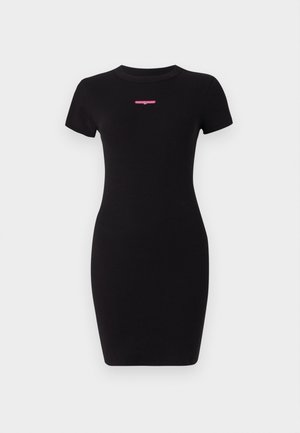 Black, fitted dress with short sleeves. Made of soft fabric with a round neckline. Features a small red logo on the chest.