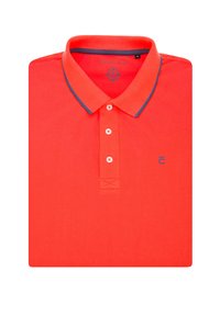 Czerwony polo wykonany z bawełny. Posiada kołnierzyk z niebieskim wykończeniem, pięcioprzyciskową listwę i logo wyszyte na piersiach. Gładka faktura.