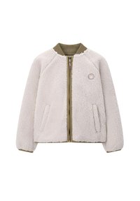 Crème sherpa fleece jacket met olijfgroen geribbeld kraag, ritsluiting, zijzakken en een klein rond logo op de linkerborst.