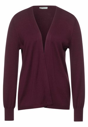 Burgundy knit cardigan with a deep V-neckline, long sleeves, and ribbed cuffs, featuring a relaxed fit and smooth texture.