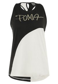 Camiseta sin mangas en blanco y negro con un diseño curvado. Presenta un logo de PUMA en dorado y un corte de espalda de nadador. Confeccionada con un tejido suave y de textura lisa.