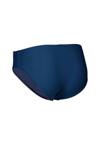 Slip da mare blu navy realizzato in tessuto liscio ed elastico, caratterizzato da un design aderente, vita bassa e bordi senza cuciture per il massimo comfort.