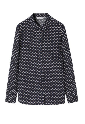 Camicetta blu navy con motivo floreale, caratterizzata da un colletto a punte e maniche lunghe. Realizzata in un tessuto leggero con una consistenza morbida.