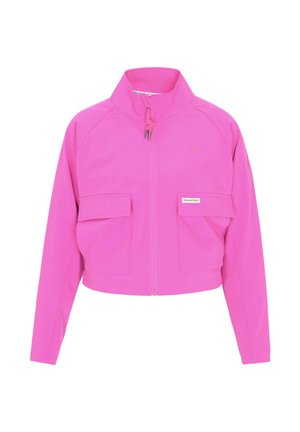 Jachetă roz scurtă, cu guler ridicat, fermoar frontal și două buzunare aplicate. Confecționată dintr-un material neted, cu un design minimalist.