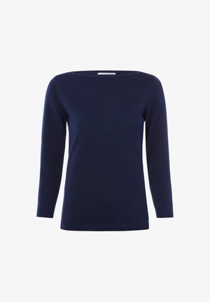 Marineblauer Langarm-Strickpullover mit U-Boot-Ausschnitt sowie gerippten Bündchen und Saum.