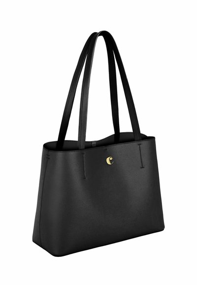 Črna usnjena torba za na ramo z dvema naramnicama in majhnim zlatim polmesecem na sprednji strani.