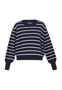 Granatowy sweter w paski z białymi poziomymi paskami, żebrowana tekstura, szerokie rękawy i złote guziki na ramionach. Krótki krój.