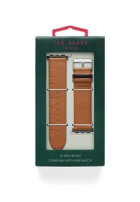 Brown leather Apple Watch strap with silver hardware, featuring embossed branding and a contrasting darker leather accent. Packaged in a green box.
