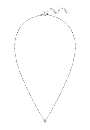 Feine Silberkette mit Anhänger aus einem kleinen Cluster von vier runden Diamanten und verstellbarem Verschluss vor weißem Hintergrund.