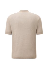 Beige kortærmet polo shirt, tekstureret stof, ribbet krave og manchetter, lige kant, bagudsigt, minimalistisk design uden mønstre eller accenter.