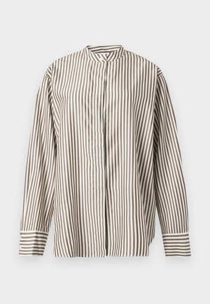 Long-sleeve shirt with vertical brown and white stripes, buttoned front, and high collar against a plain light background.
