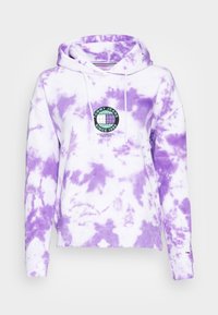 Purple and white tie-dye hoodie with a kangaroo pocket, drawstring hood, and a circular logo on the front. Soft fabric texture.