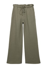 Pantalones de pierna ancha en tela verde oliva, que cuentan con una cinturilla elástica con fruncidos, cierre de cordón y un acabado texturizado.