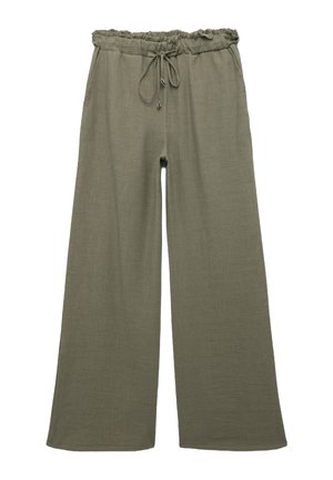 Weite Hosen aus olivgrünem Stoff mit einem gerafften Gummibund, Kordelzugverschluss und einer strukturierten Oberfläche.