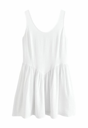 Biele bezrukávové šaty s okrúhlym výstrihom, zberným pásom a rozšíreným spodkom. Vyrobené z mäkkej, ľahkej tkaniny s hladkou textúrou.