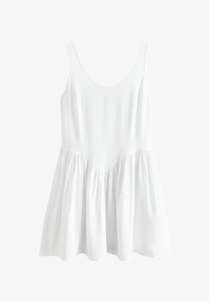 Biele bezrukávové šaty s okrúhlym výstrihom, zberným pásom a rozšíreným spodkom. Vyrobené z mäkkej, ľahkej tkaniny s hladkou textúrou.